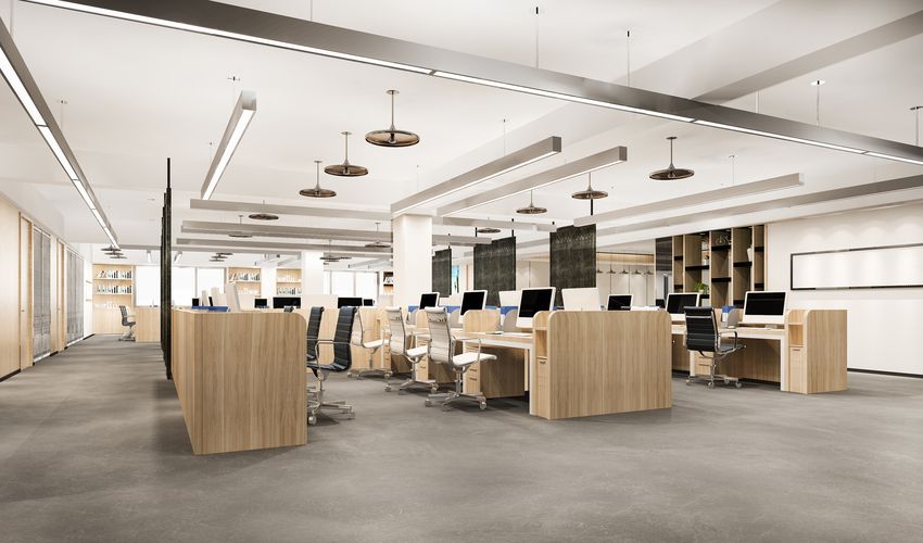 Oficina contemporánea con diseño interior moderno, mobiliario de calidad y espacios de trabajo estéticos y funcionales