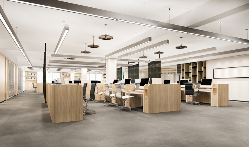 Oficina contemporánea con diseño interior moderno, mobiliario de calidad y espacios de trabajo estéticos y funcionales